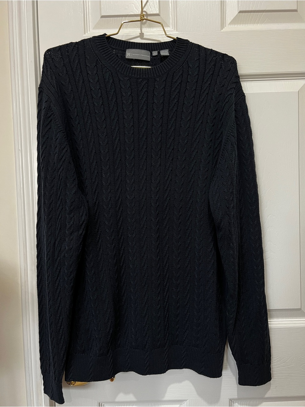 Hickey Freeman HF Cable Knit Fisherman Crew Sweater Silk Cotton Size Large Navy